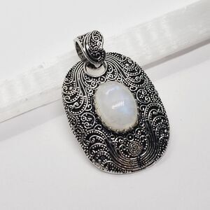 Filigree Rainbow Moonstone Gemstone 925 Stamped Silver 1.6" Jewelry Pendant